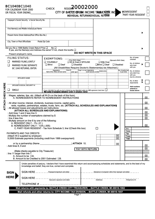 Form Bc1040 Income Tax Individual Return City Of Battle Creek 