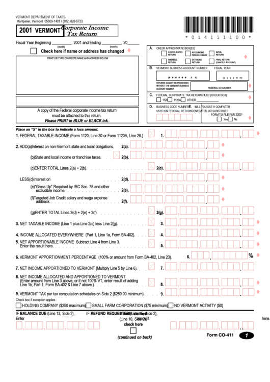 Form Co 411 Corporate Income Tax Return 2001 Printable Pdf Download