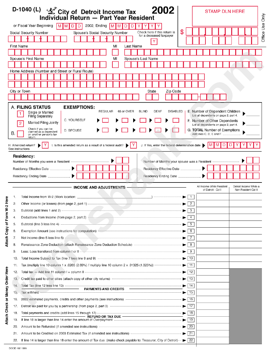 Form D 1040 L City Of Detroit Income Tax Individual Return Part 