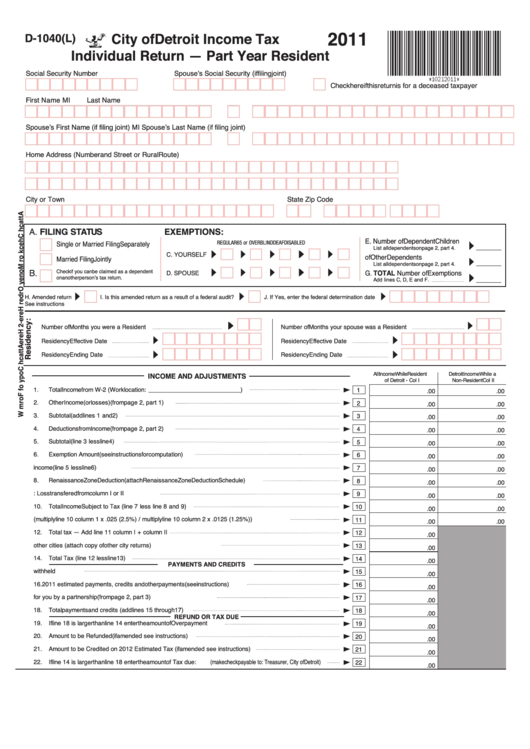 Form D 1040 L City Of Detroit Income Tax Individual Return Part