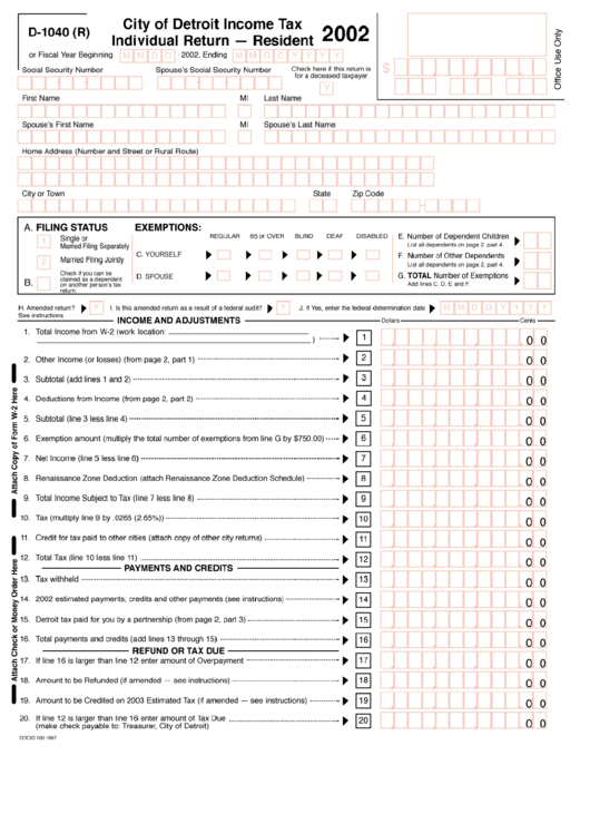Form D 1040 R City Of Detroit Income Tax Individual Return Resident 
