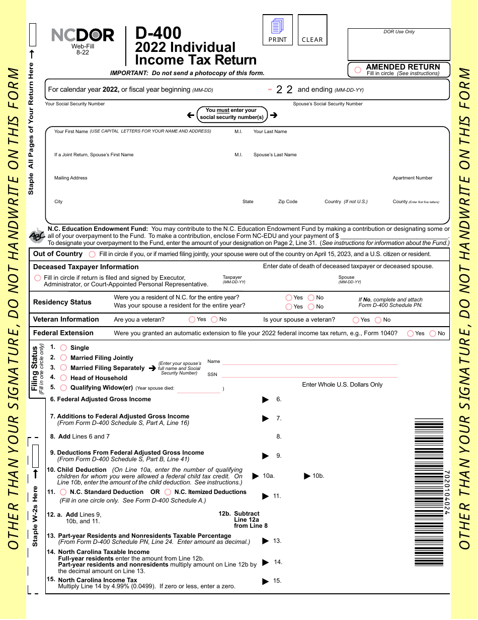 Form D 400 Download Fillable PDF Or Fill Online Individual Income Tax 