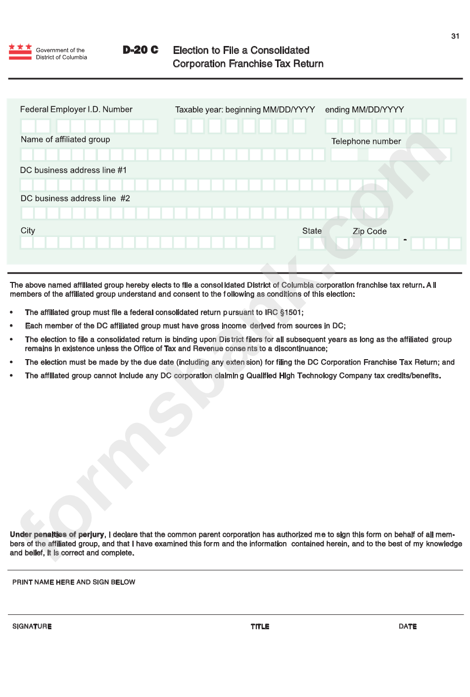 Form Dc 20 C Election To File A Consolidated Corporation Franchise 