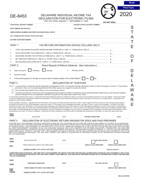 Form DE 8453 Download Fillable PDF Or Fill Online Delaware Individual 