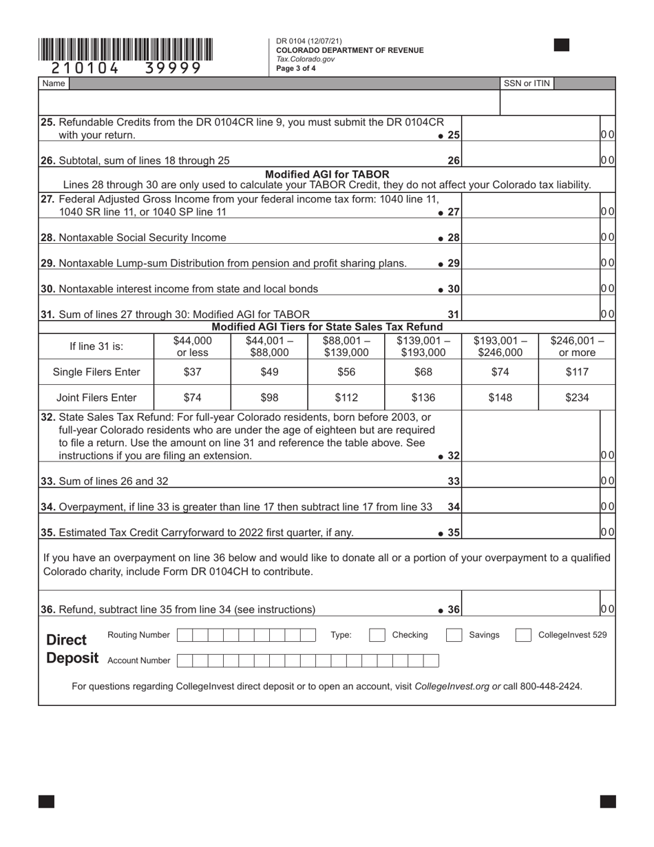 Form DR0104 Download Fillable PDF Or Fill Online Colorado Individual 