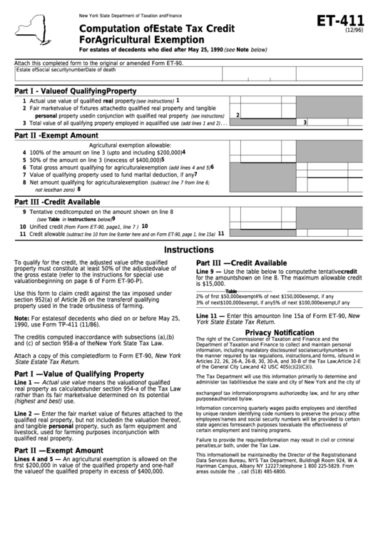 Form Et 411 Computation Of Estate Tax Credit For Agricultural 