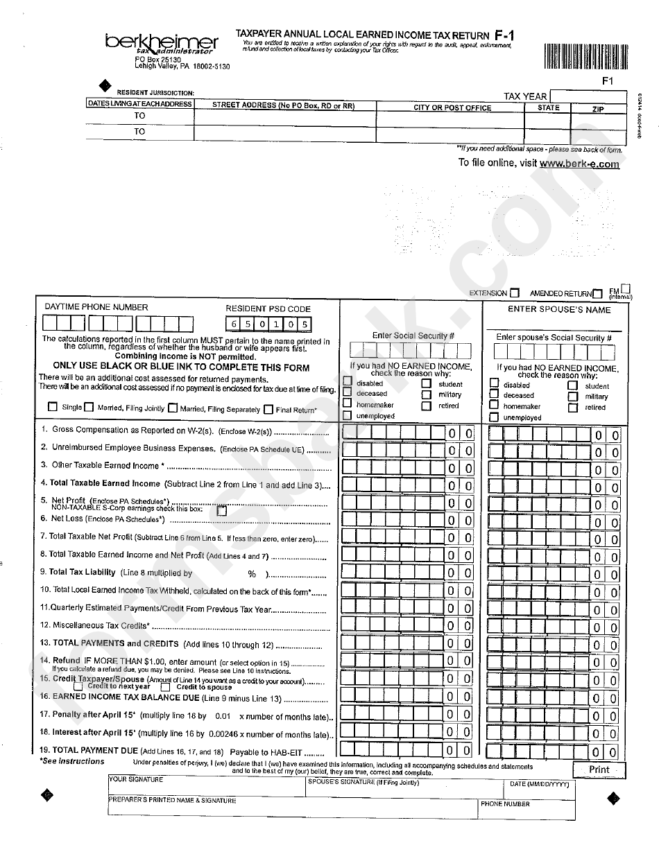 Form F 1 Taxpayer Annual Local Earned Income Tax Return Printable Pdf 
