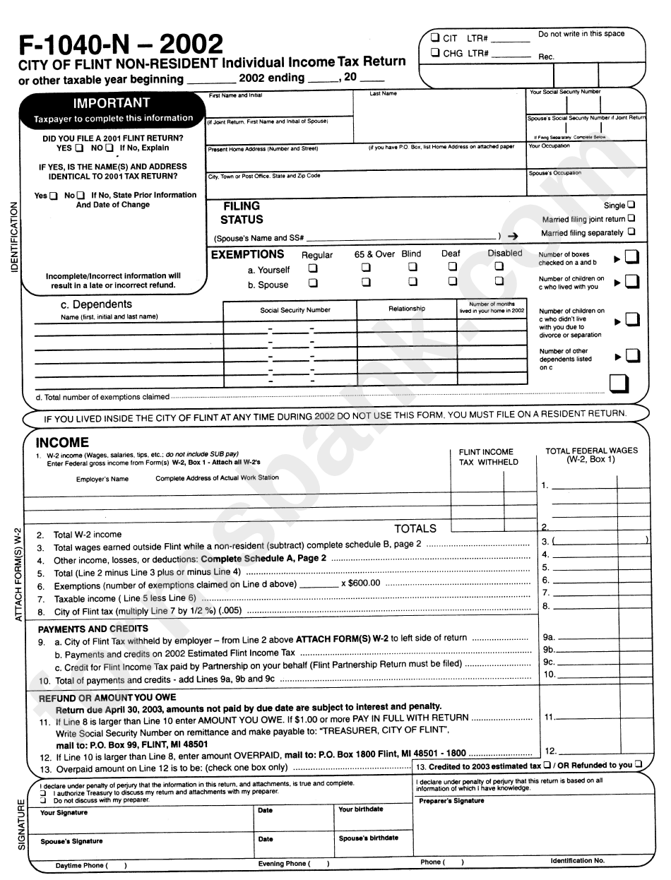 Form F 1040 N City Of Flint Non Resident Individual Income Tax Return 