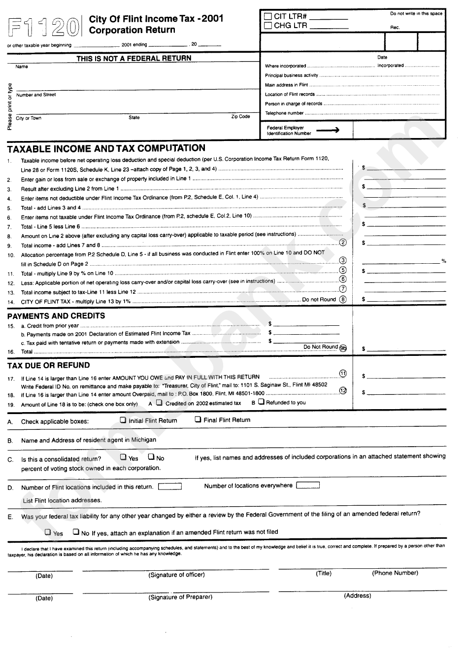 Form F1120 City Of Flint Income Tax Corporation Return 2001 Printable 