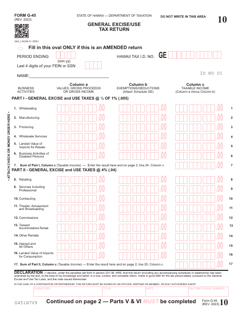 Form G 45 Download Printable PDF Or Fill Online General Excise Use Tax 