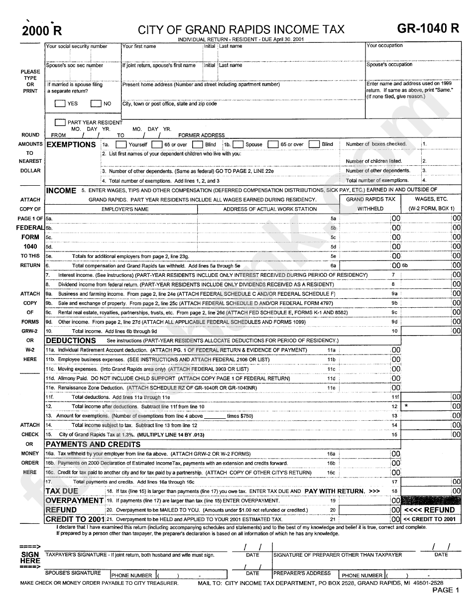 Form Gr 1040 R Income Tax City Of Grand Rapids 2000 Printable Pdf 
