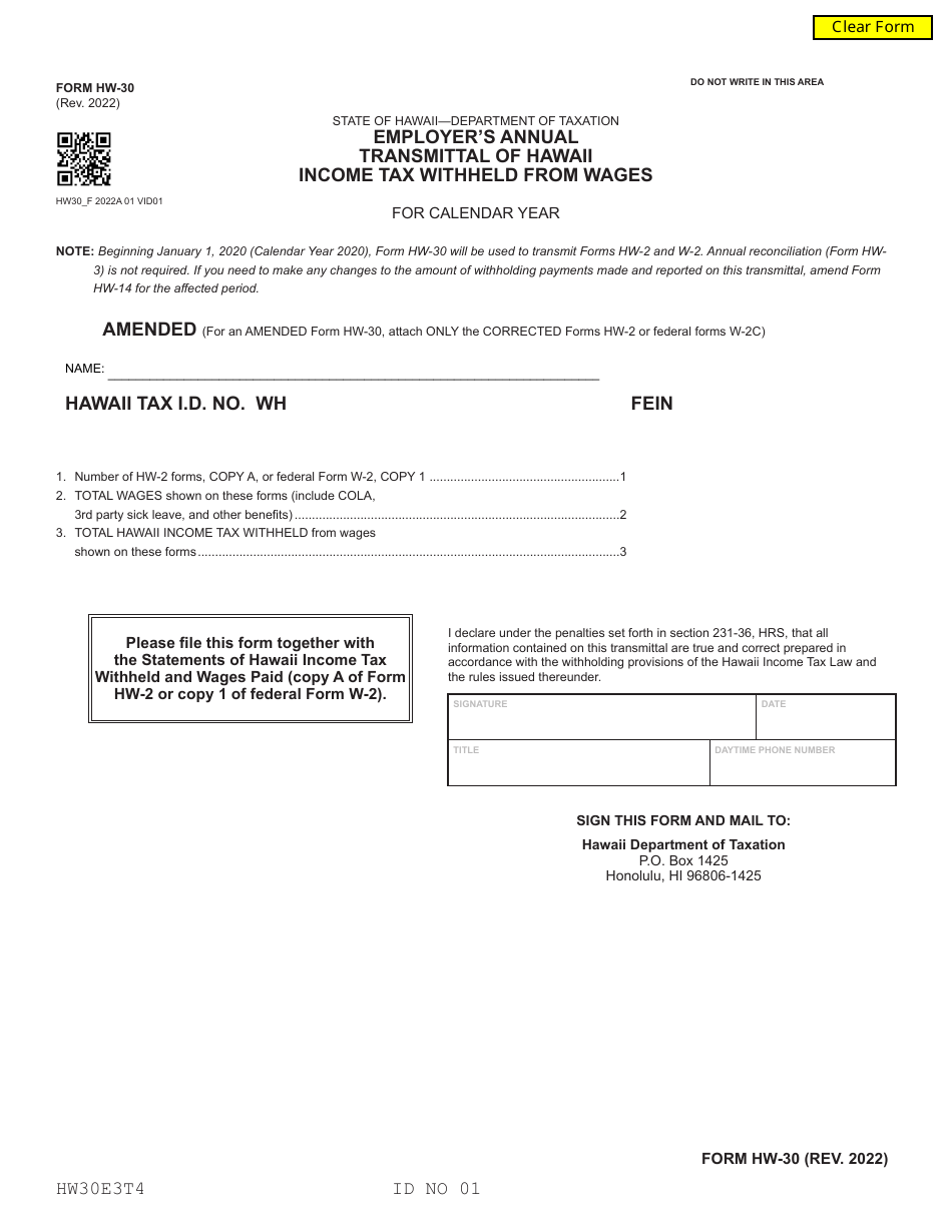 Form HW 30 Download Fillable PDF Or Fill Online Employer 39 s Annual 