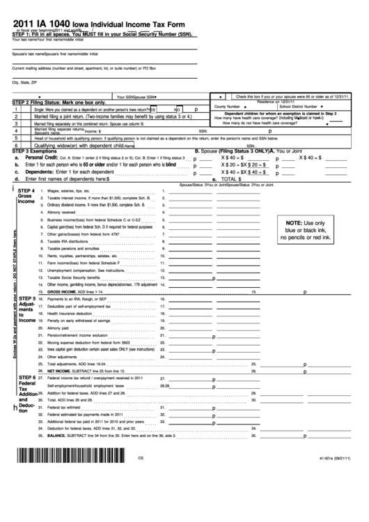 Form Ia 1040 Iowa Individual Income Tax Form 2011 Printable Pdf