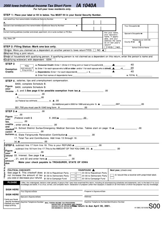 Form Ia 1040a Iowa Individual Income Tax Short Form 2000 Printable 