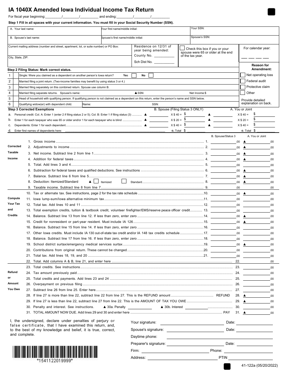 Form IA1040X 41 122 Download Fillable PDF Or Fill Online Amended Iowa 