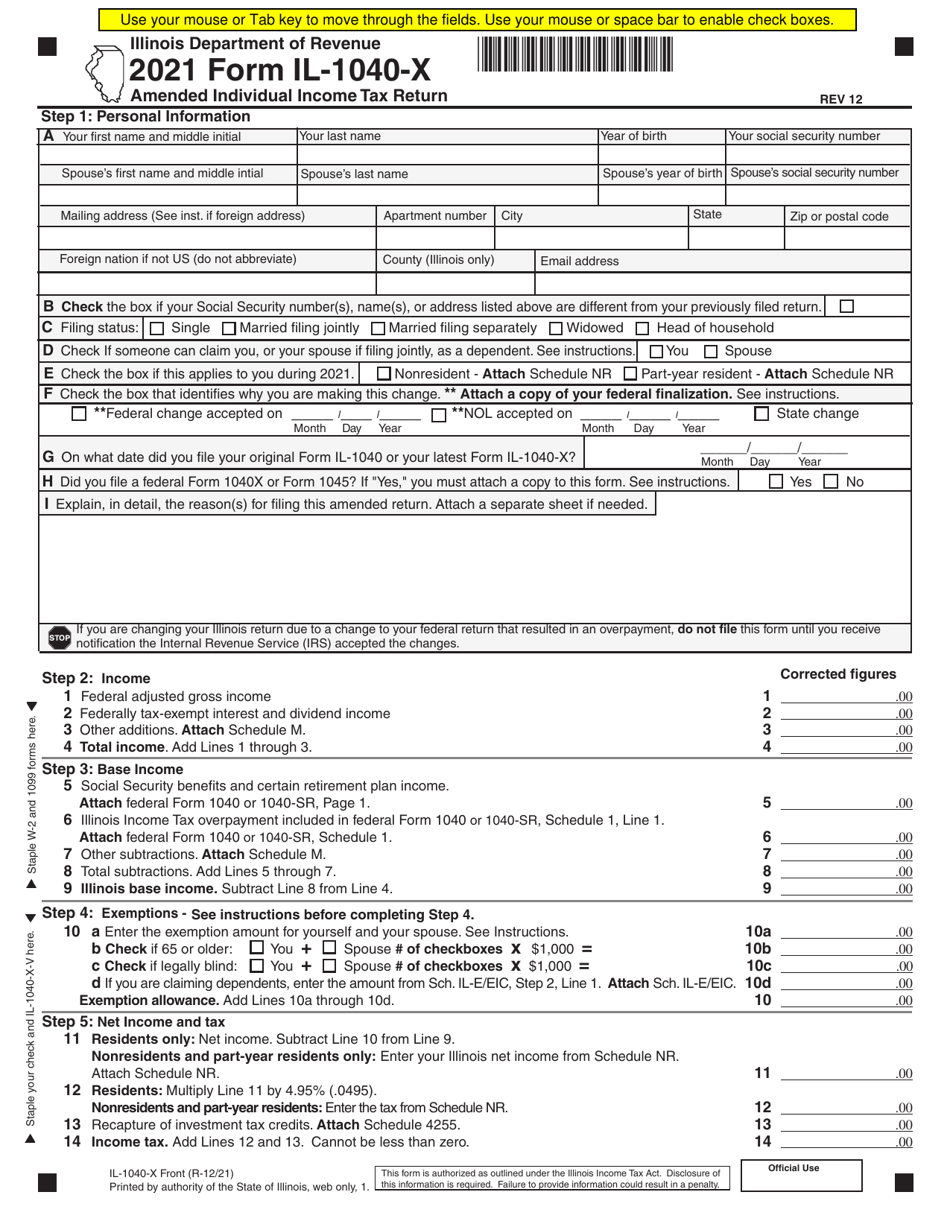 Form IL 1040 X Download Fillable PDF Or Fill Online Amended Individual 