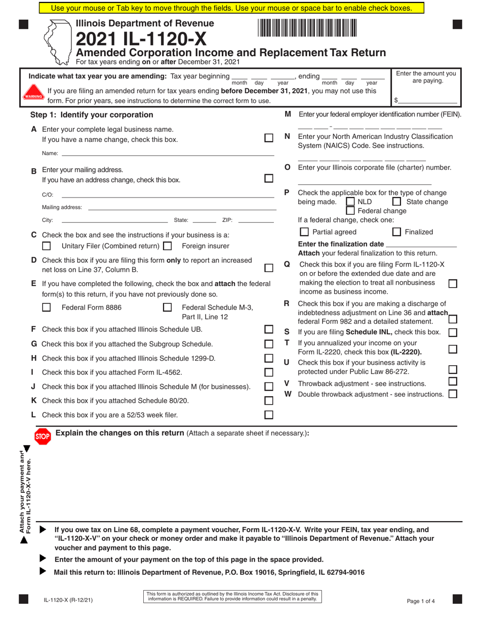 Form IL 1120 X Download Fillable PDF Or Fill Online Amended Corporation 