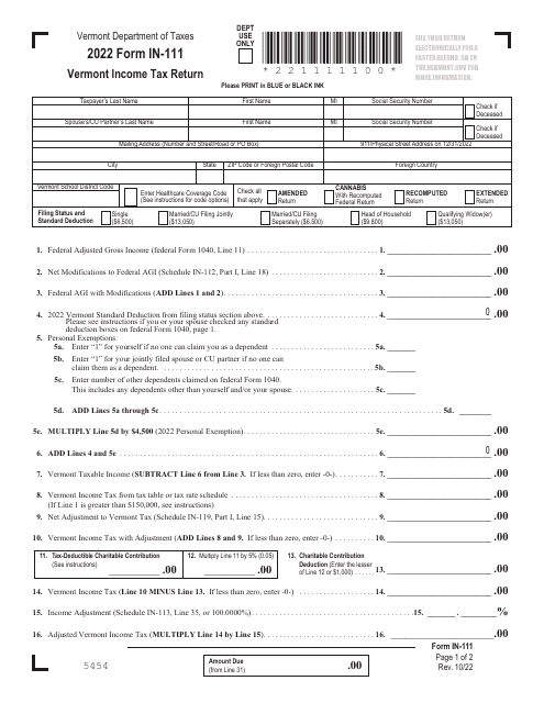 Form IN 111 Download Fillable PDF Or Fill Online Vermont Income Tax 