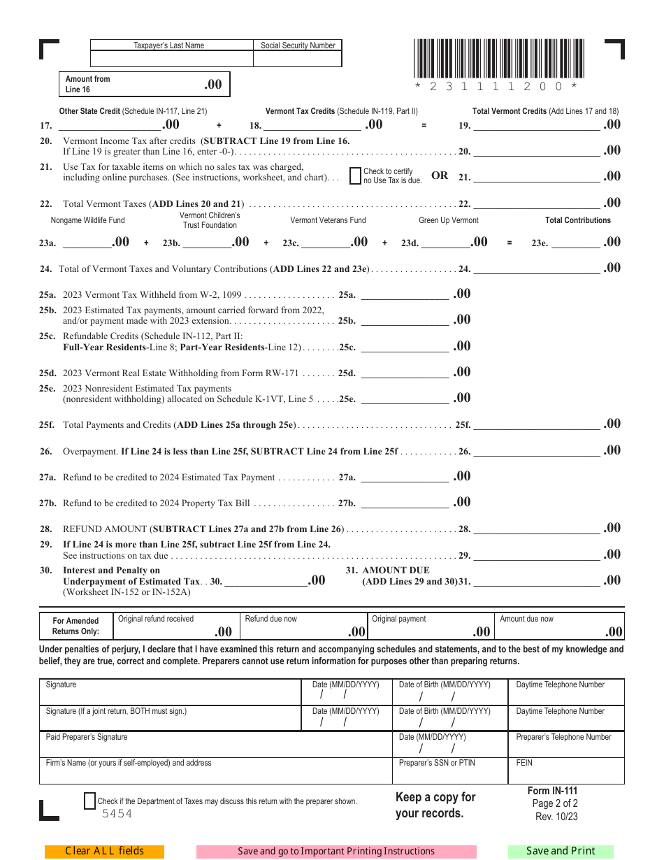 Form IN 111 Download Fillable PDF Or Fill Online Vermont Income Tax 