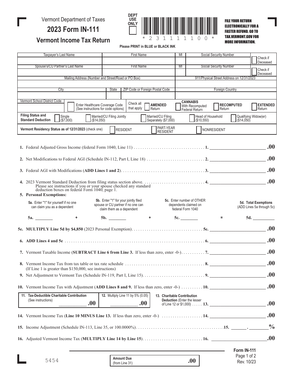 Form IN 111 Download Fillable PDF Or Fill Online Vermont Income Tax