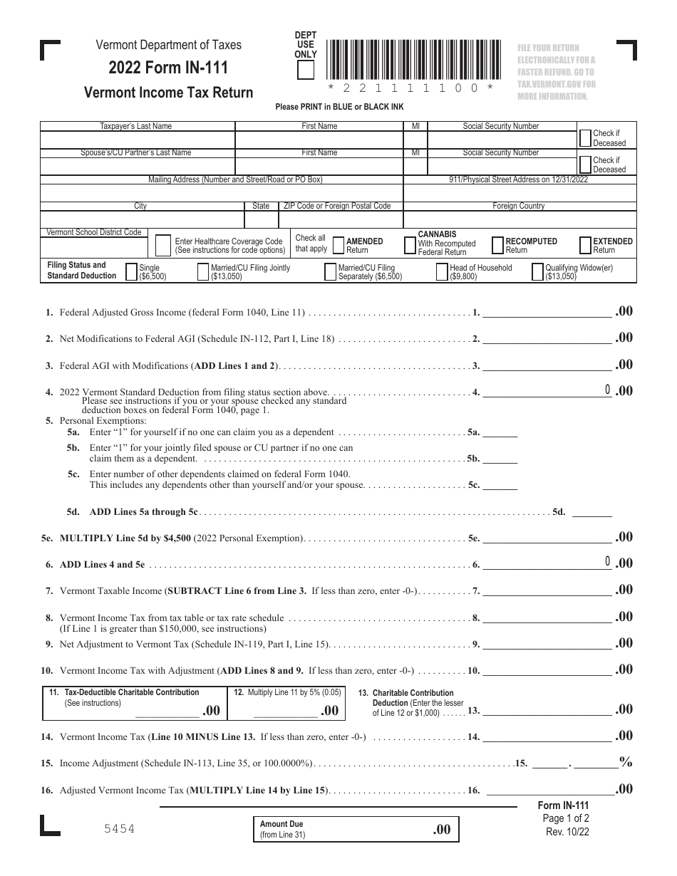 Form IN 111 Download Fillable PDF Or Fill Online Vermont Income Tax 