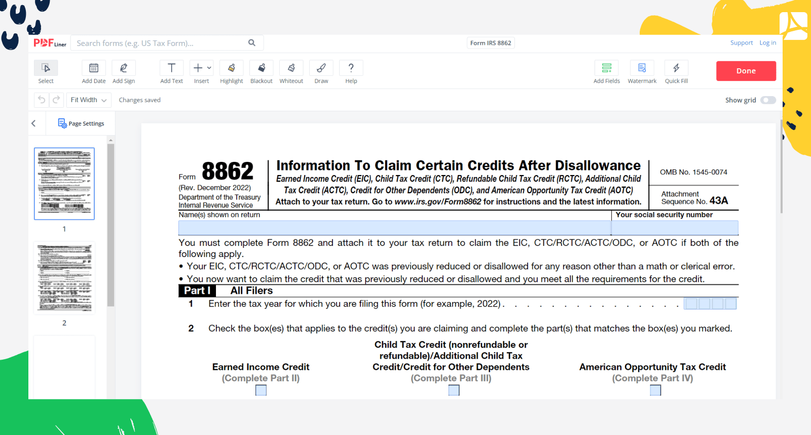 Form IRS 8862 Printable And Fillable Forms Online PDFliner