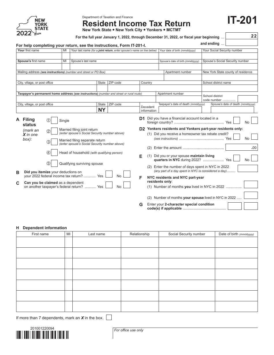 Form IT 201 Download Fillable PDF Or Fill Online Resident Income Tax 