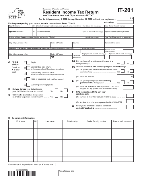 Form IT 201 Download Fillable PDF Or Fill Online Resident Income Tax 
