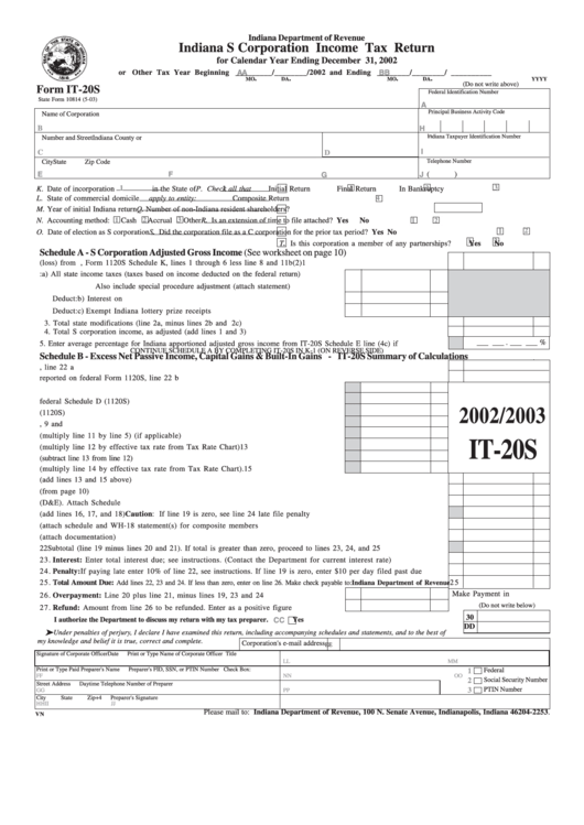 Form It 20s Indiana S Corporation Income Tax Return Printable Pdf 