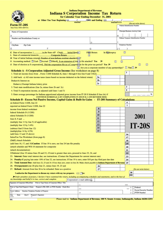 Form It 20s Indiana S Corporation Income Tax Return Yellow 