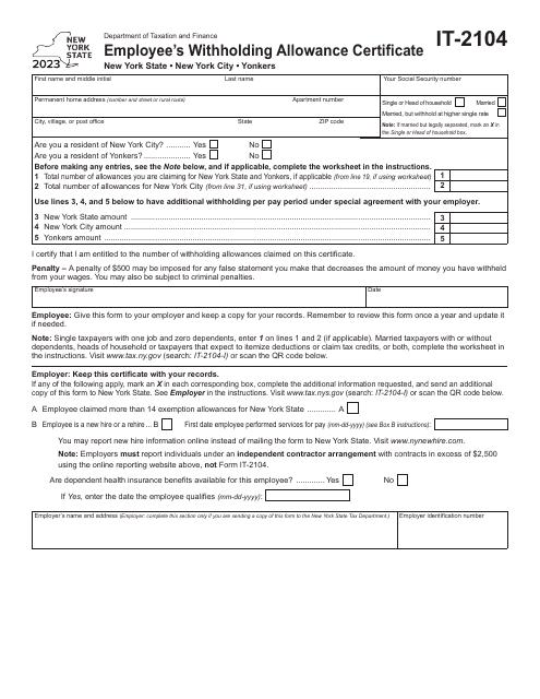 Form IT 2104 Download Fillable PDF Or Fill Online Employee 39 s 