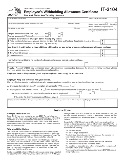 Form IT 2104 Download Fillable PDF Or Fill Online Employee 39 s 