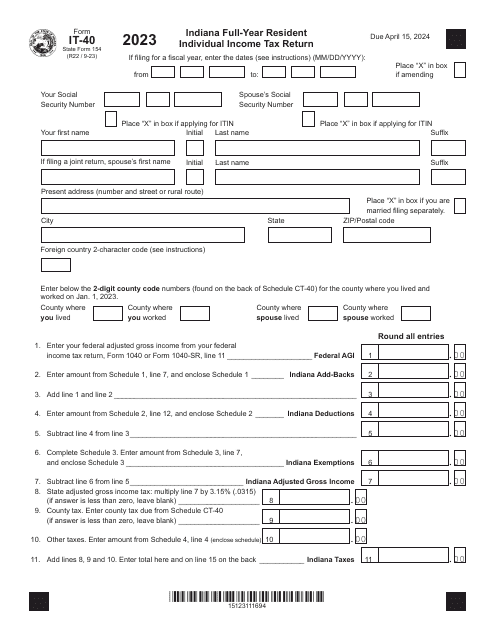 Form IT 40 State Form 154 Download Fillable PDF Or Fill Online 