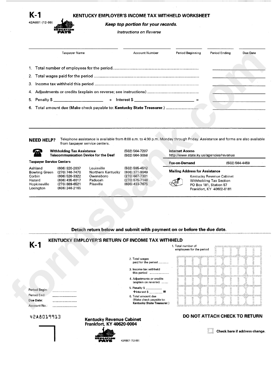 Form K 1 Kentucky Employer 39 S Return Of Income Tax Withheld Printable 