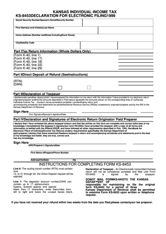 Form Ks 8453 Kansas Individual Income Tax Declaration For Electronic 