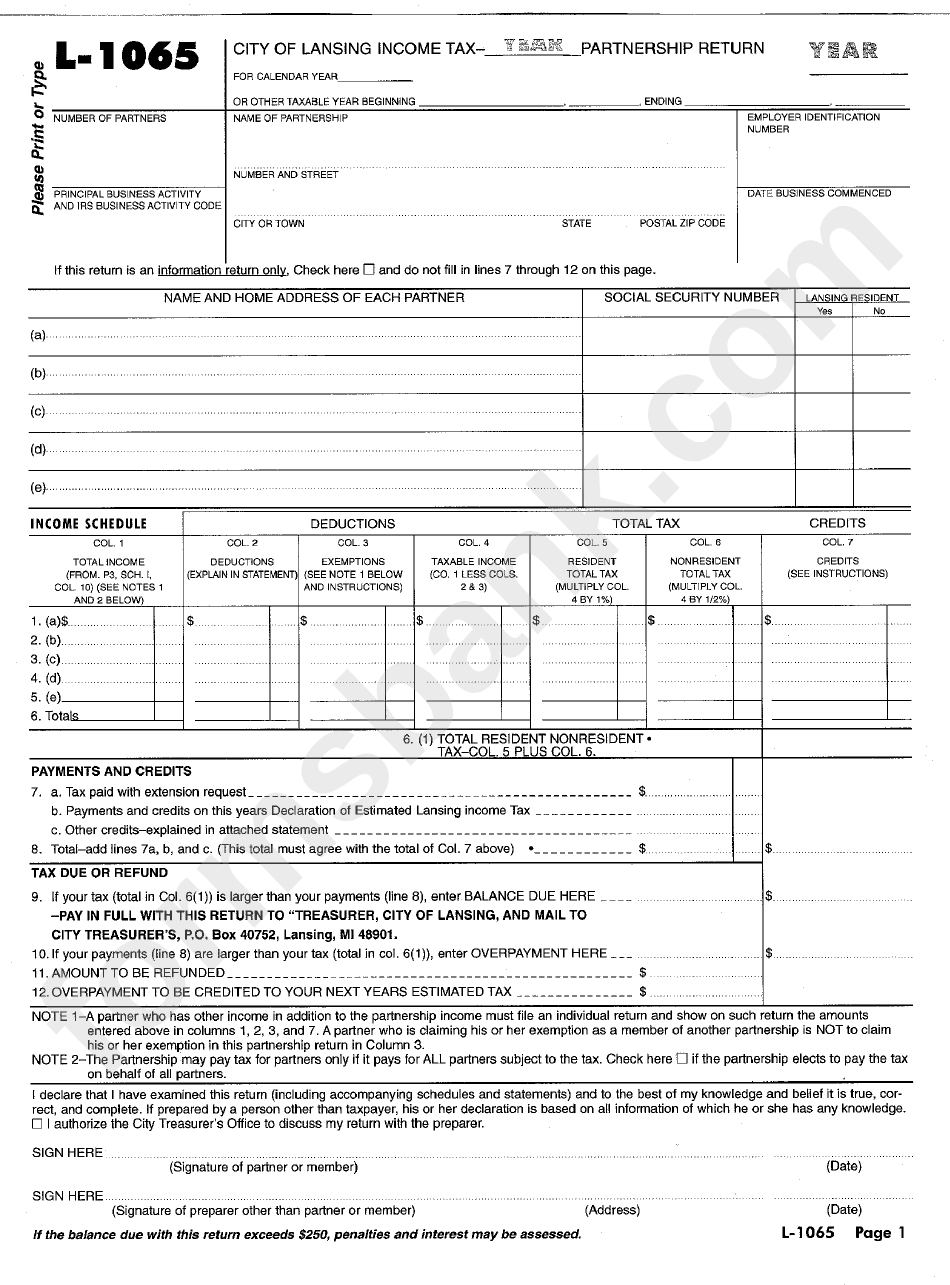Form L 1065 City Of Lansing Income Tax Partnership Return State Of 
