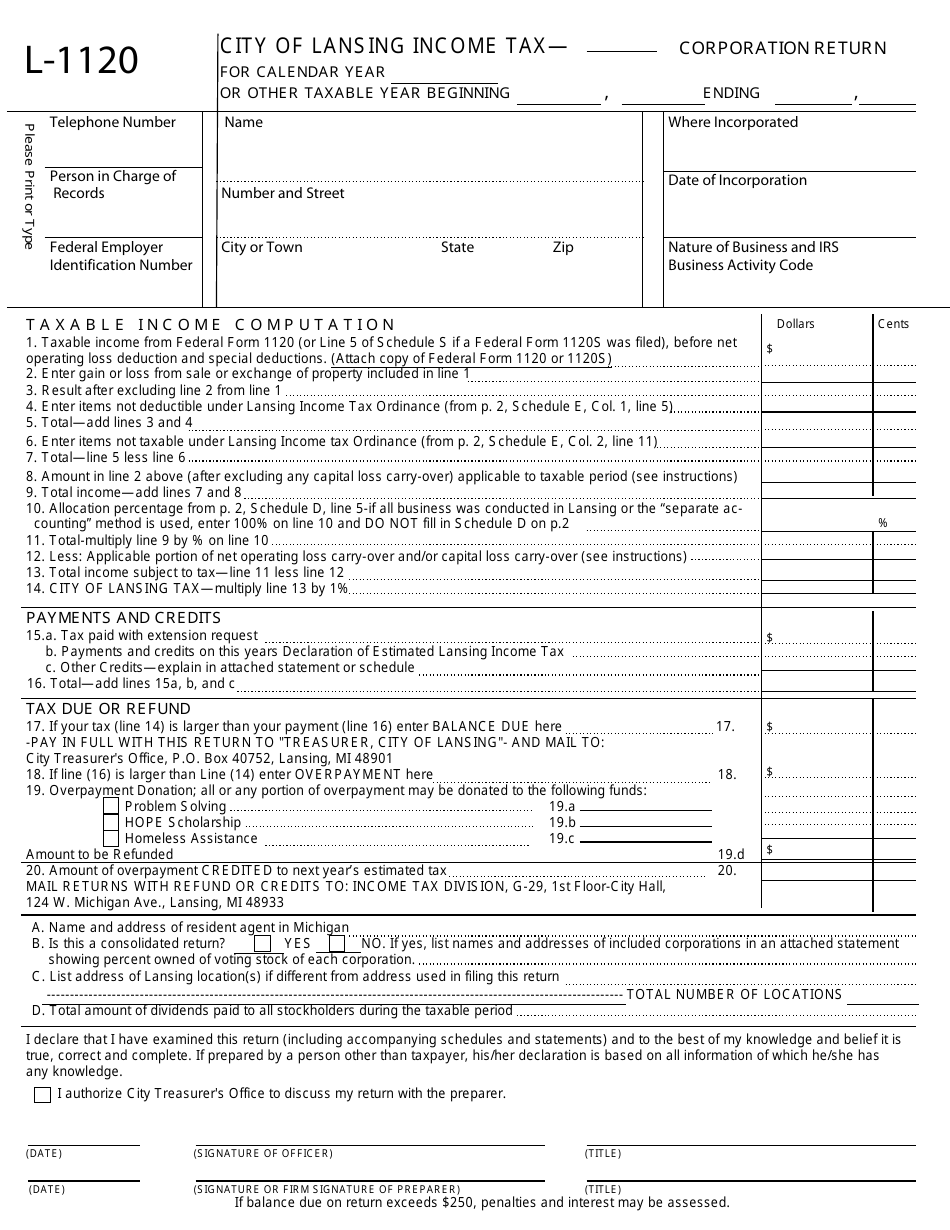 Form L 1120 Fill Out Sign Online And Download Fillable PDF City Of