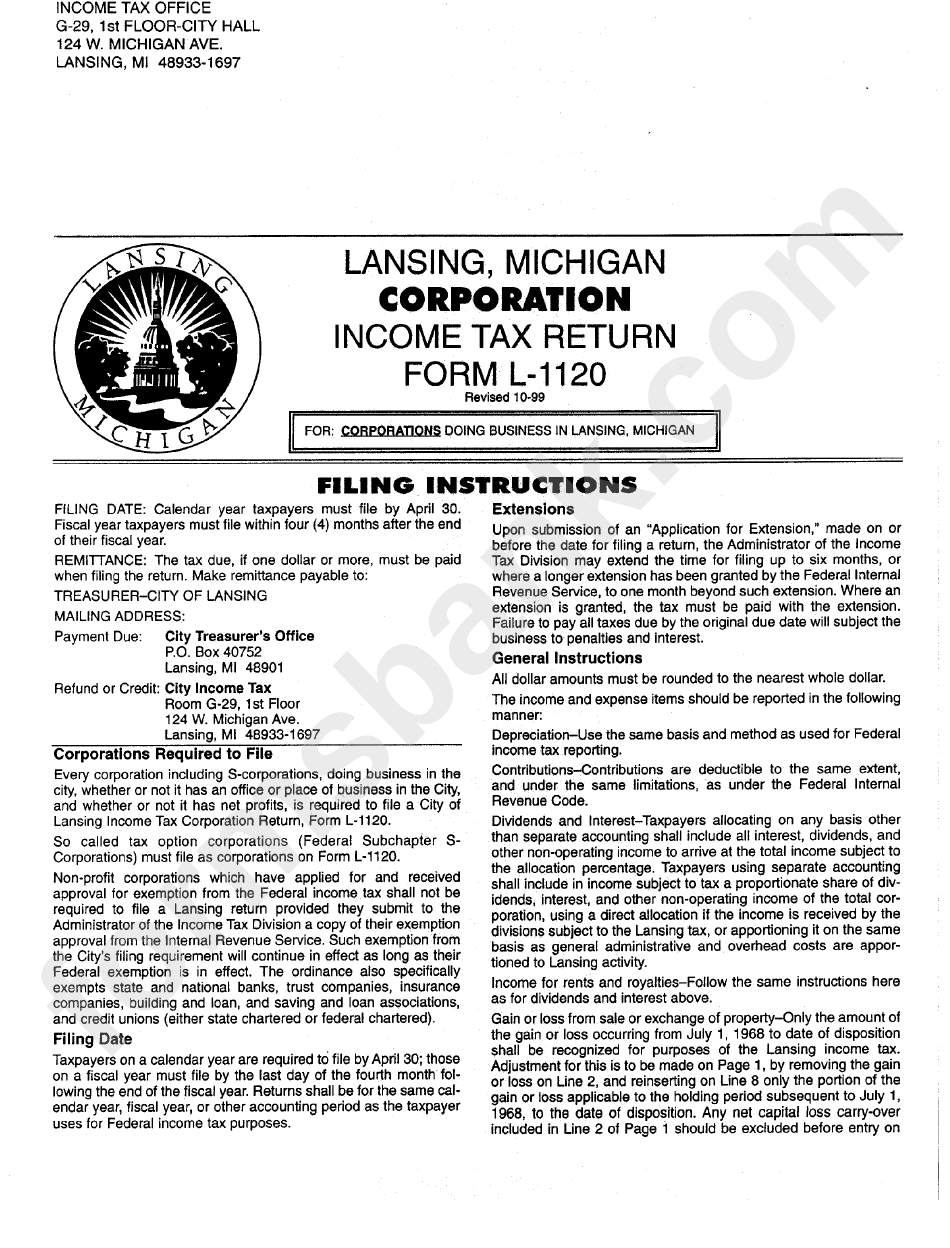 Form L 1120 Instructions Corporation Income Tax Return Lansing 