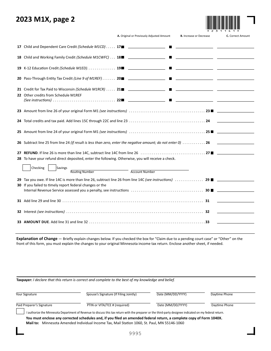 Form M1X Download Fillable PDF Or Fill Online Amended Minnesota Income 