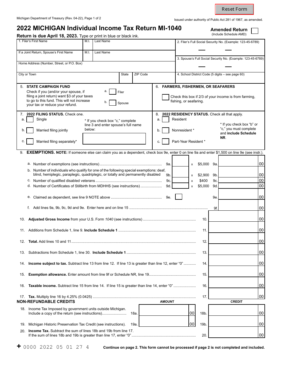 Form MI 1040 Download Fillable PDF Or Fill Online Michigan Individual 