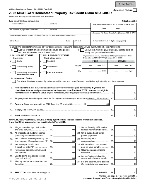 Form MI 1040CR Download Fillable PDF Or Fill Online Michigan Homestead 