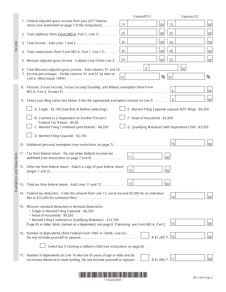 Form MO 1040 2017 Fill Out Sign Online And Download Printable PDF 