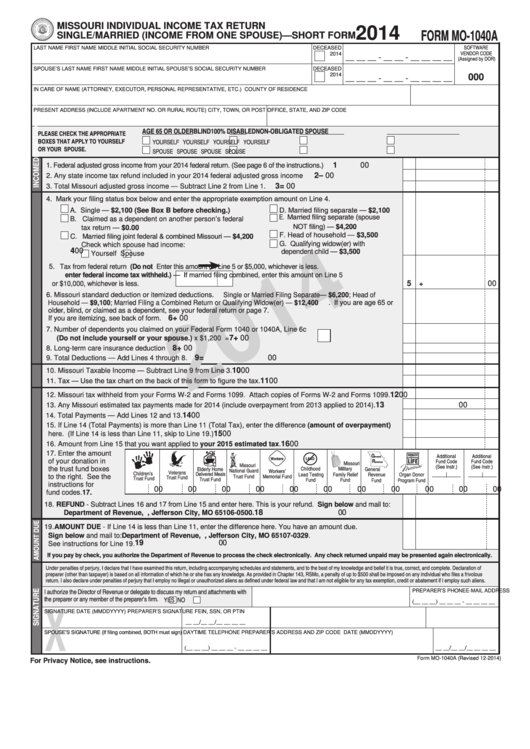 Form Mo 1040a Missouri Individual Income Tax Return Single married 