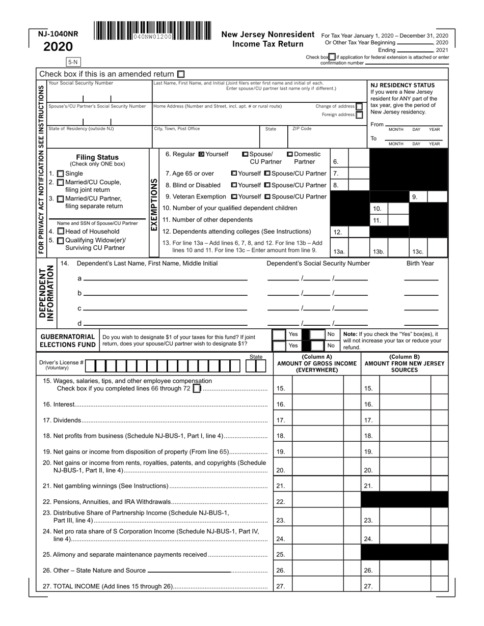 Form NJ 1040NR Download Fillable PDF Or Fill Online New Jersey 