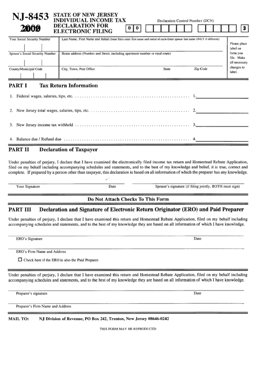 Form Nj 8453 State Of New Jersey Individual Income Tax Declaration 