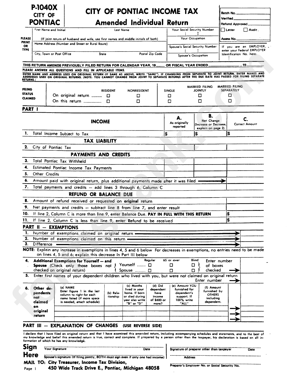 Form P 1040x City Of Pontiac Income Tax Amended Individual Return 