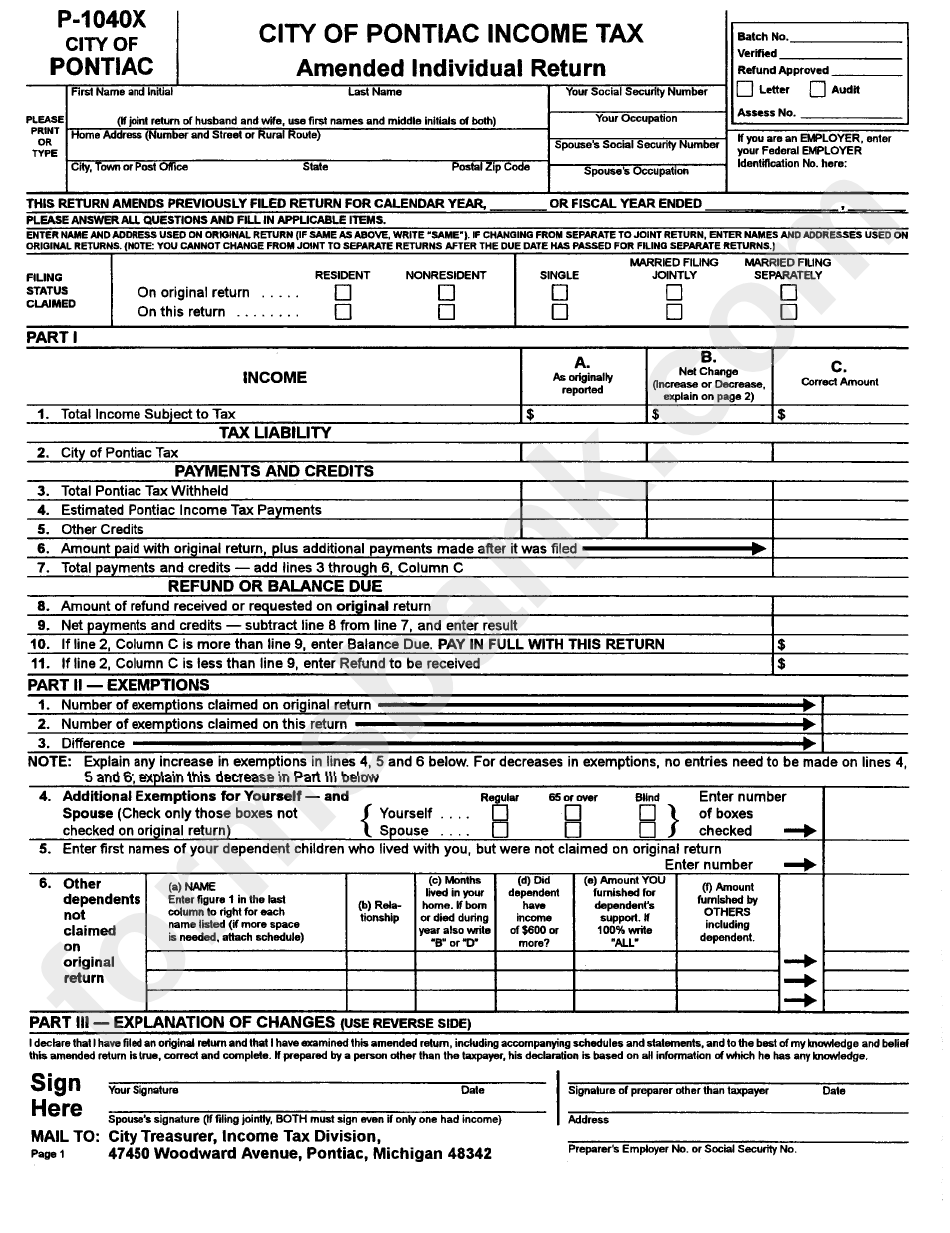 Form P 1040x City Of Pontiac Income Tax Amended Individual Return 
