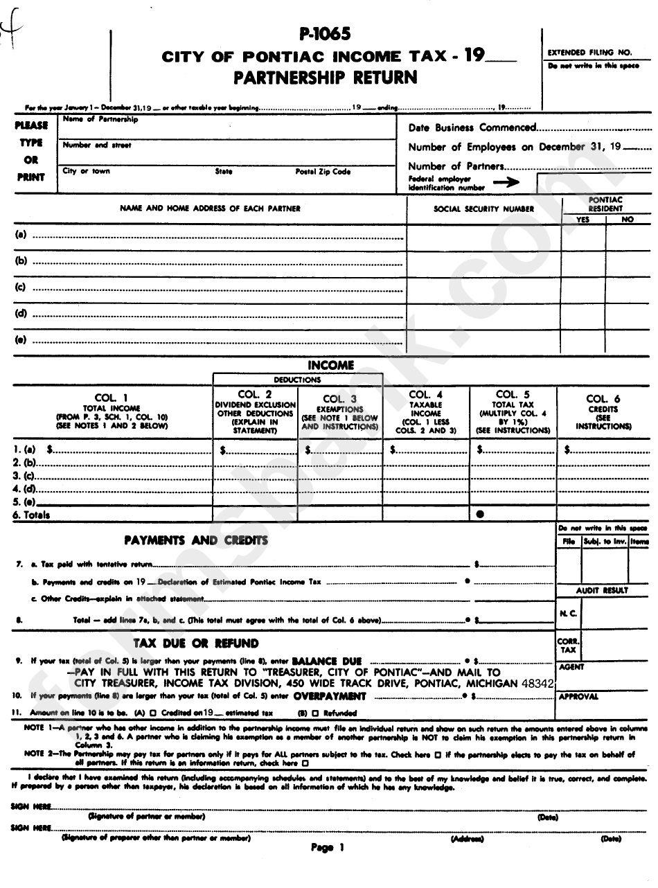 Form P 1065 City Of Pontiac Income Tax Partnership Return Printable 