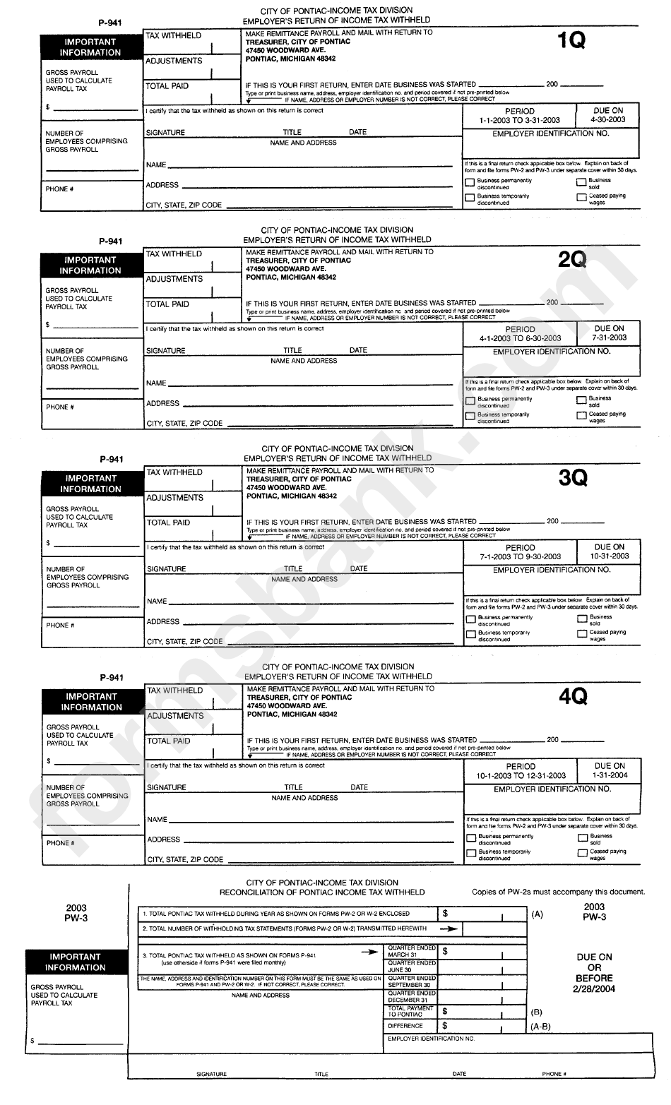 Form P 941 City Of Pontiac Employer 39 S Return Of Income Tax Withheld 