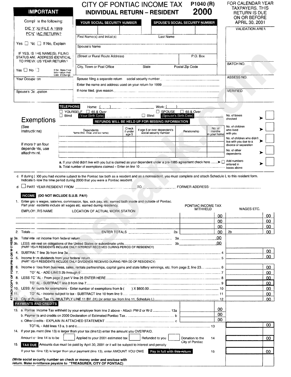 Form P1040 R City Of Pontiac Income Tax Individual Return Resident 